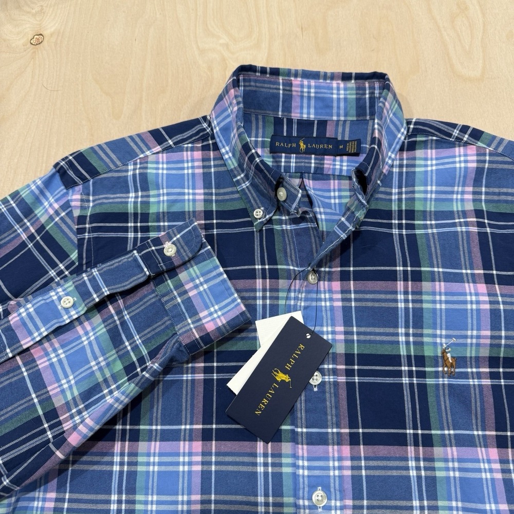 Ralph Lauren Mens Medium Plaid Button Down Shirt Blue Green White Flesh Pony NWT
